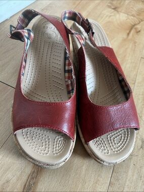 CROCS Red Leather Wedge Sandals